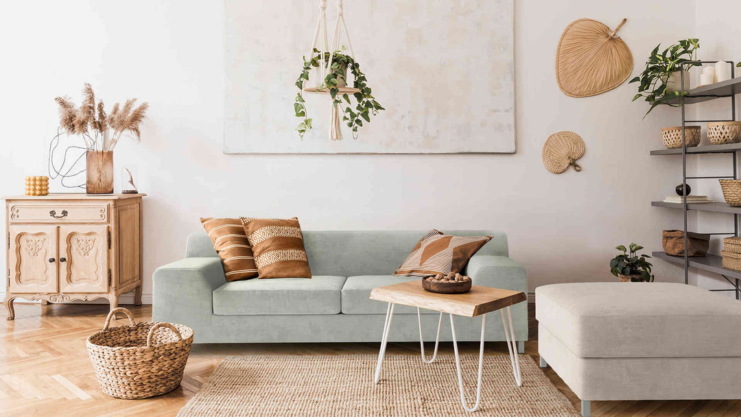 Scandinavian living room with IKEA Kramfors sofa in Performance Weave Stone and Performance Weave Cream slipcover