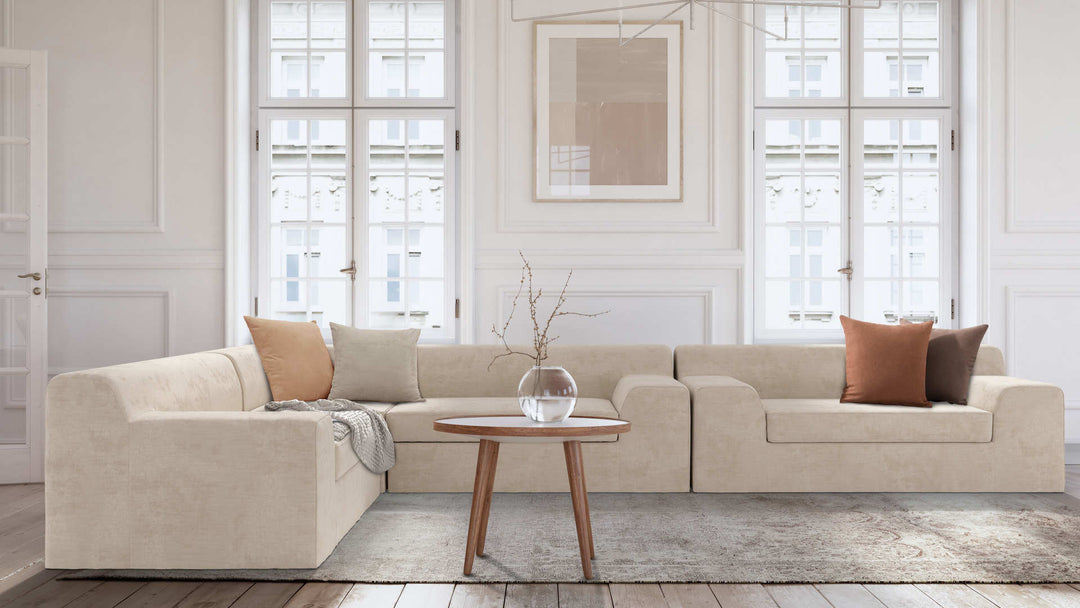 Modern Victorian living room with IKEA Kramfors sofa in Performance Weave Cream and Comfort Chenille Burnt Orange slipcover