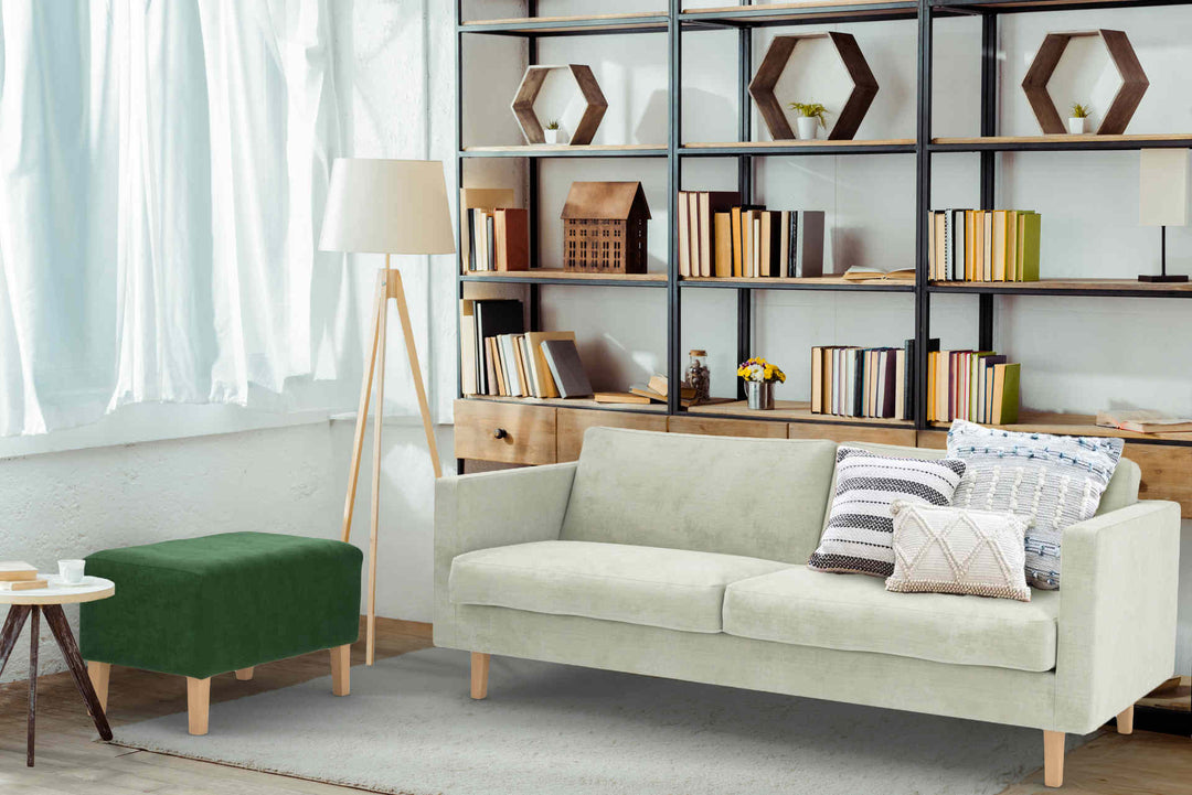 Study room with Muji Sofa 2005 sofa in Classic Velvet Forest Green and Performance Weave Stone slipcover