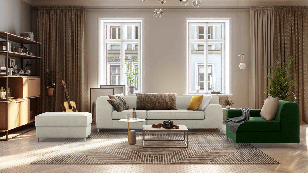 Scandinavian living room with IKEA Kramfors sofa in Classic Velvet Forest Green and Performance Weave Stone slipcover