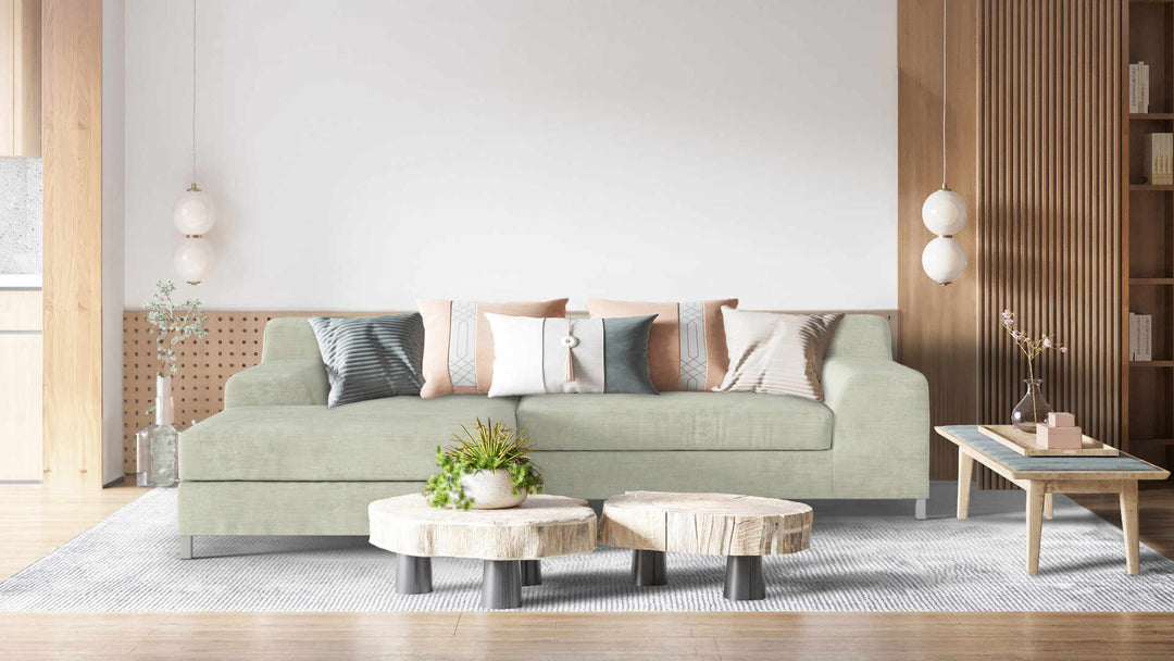 Modern living room with IKEA Kramfors sofa in Performance Weave Stone fabric slipcover