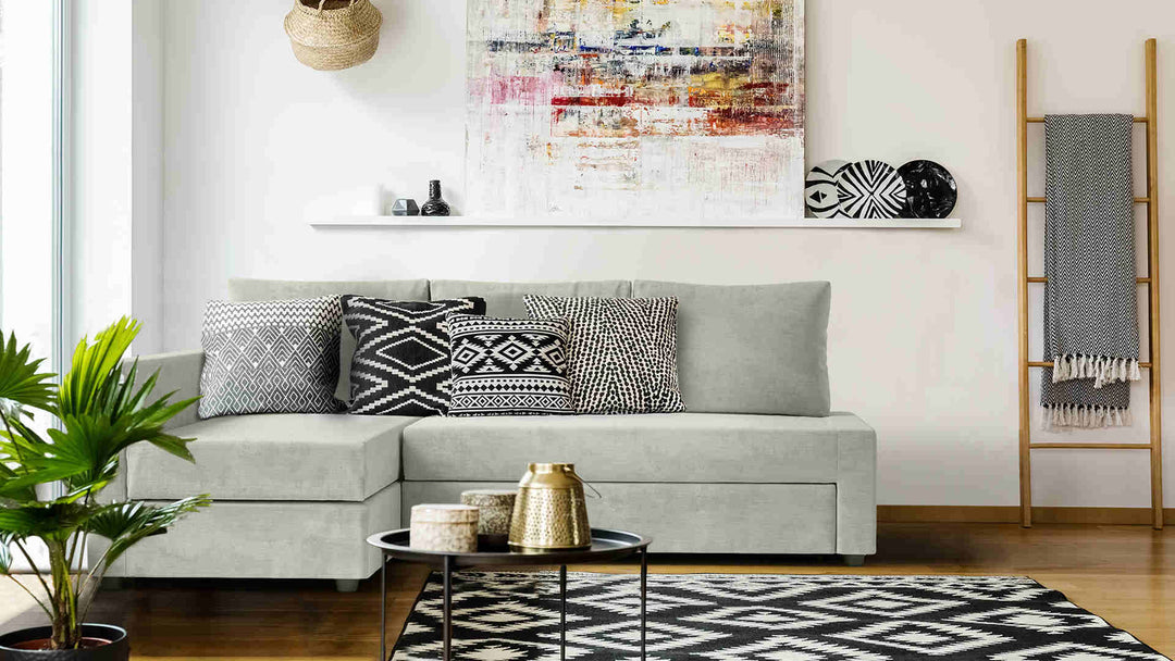 Scandinavian living room with IKEA Friheten sofa in Performance Weave Stone slipcover