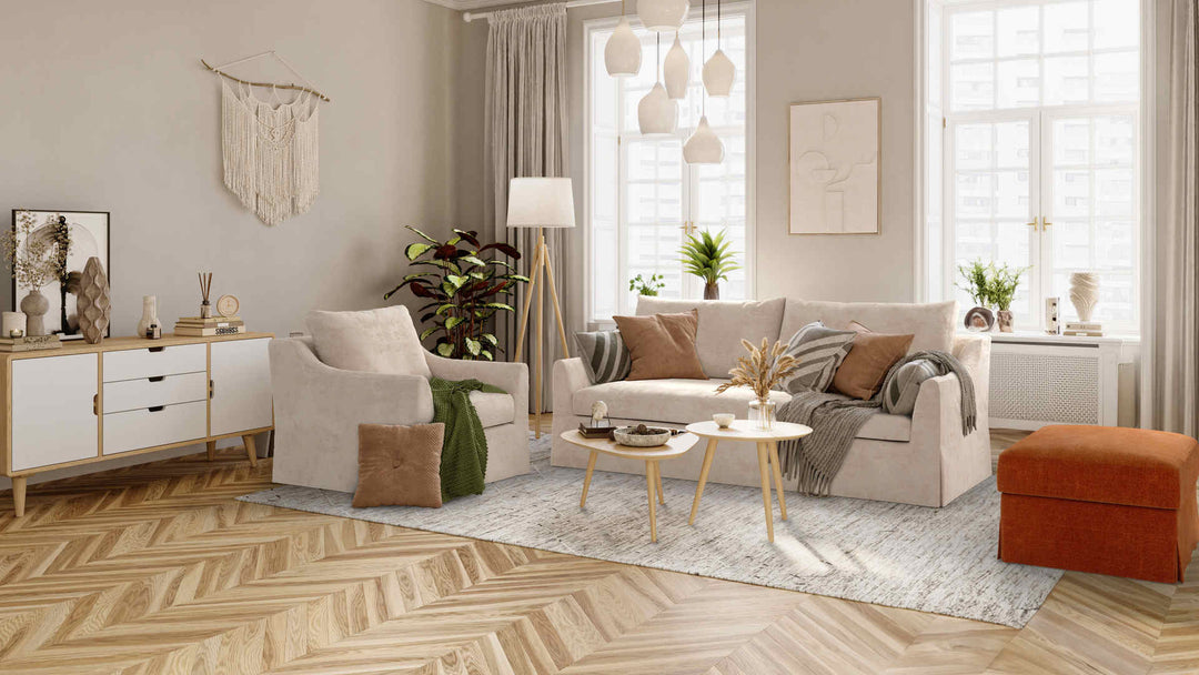 Scandinavian living room with IKEA Farlov sofa in Performance Weave Cream and Comfort Chenille Burnt Orange slipcover