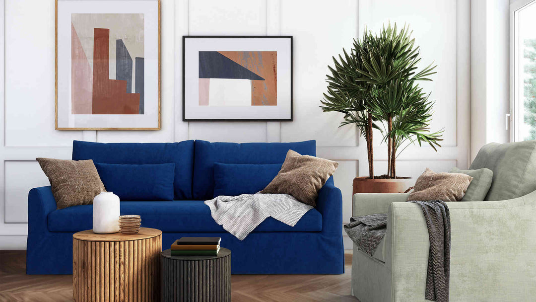 Modern Victorian living room with IKEA Farlov sofa in Classic Velvet Cobalt and Performance Weave Stone slipcover