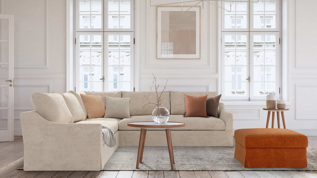 Modern Victorian living room with IKEA Farlov sofa in Performance Weave Cream and Comfort Chenille Burnt Orange slipcover