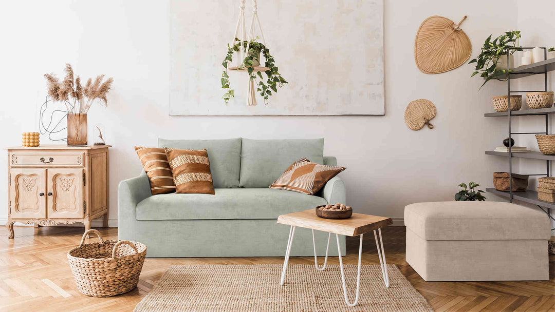 Scandinavian living room with IKEA Farlov sofa in Performance Weave Stone and Performance Weave Cream slipcover