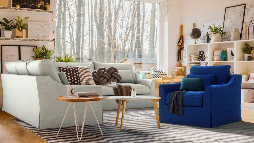 Bohemian living room with IKEA Farlov sofa in Performance Weave Stone and Classic Velvet Cobalt slipcover