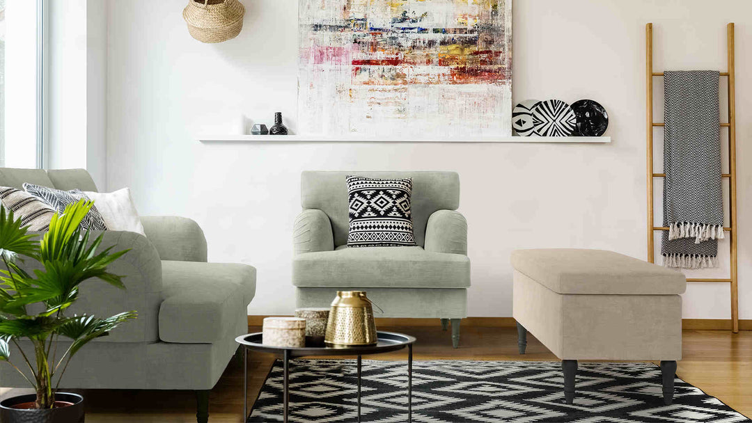 Scandinavian living room with IKEA Stocksund sofa in Performance Weave Stone and Performance Weave Cream slipcover