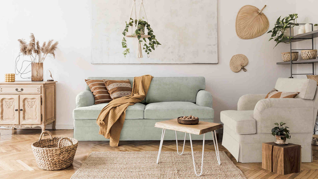 Scandinavian living room with IKEA Stocksund sofa in Performance Weave Stone and Performance Weave Cream slipcover