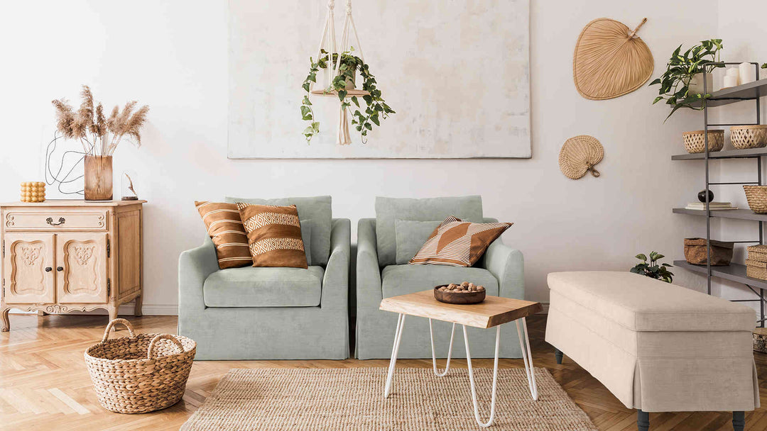 Scandinavian living room with IKEA Stocksund sofa in Performance Weave Stone and Performance Weave Cream slipcover