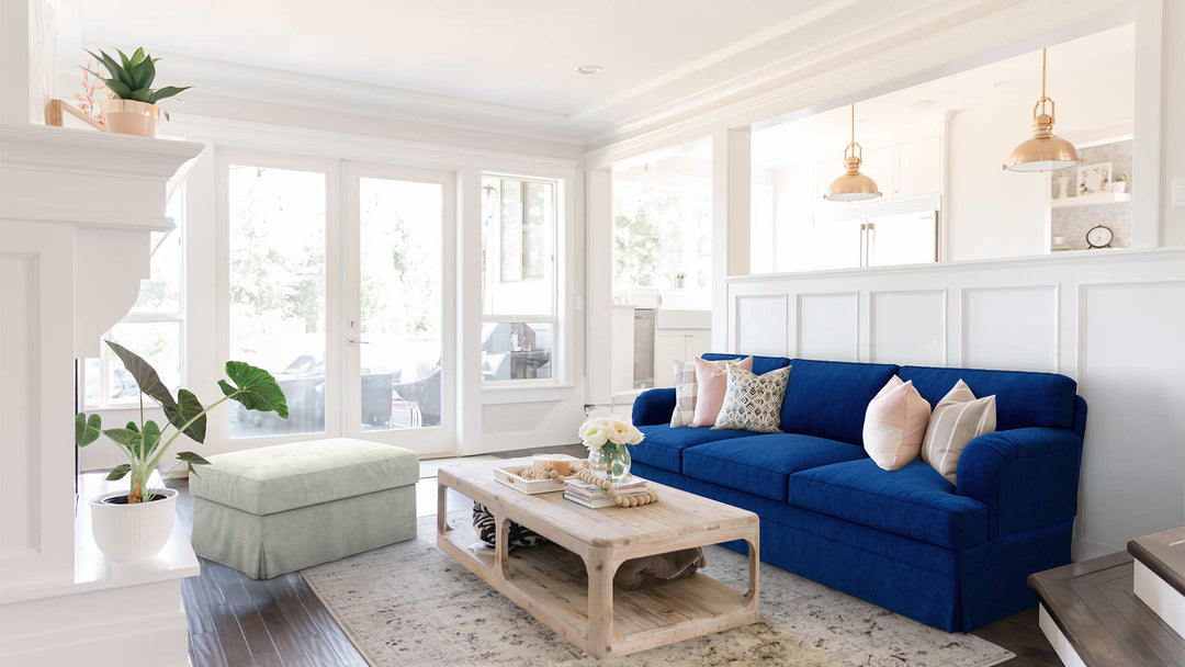Modern Victorian living room with IKEA Stocksund sofa in Classic Velvet Cobalt and Performance Weave Stone slipcover