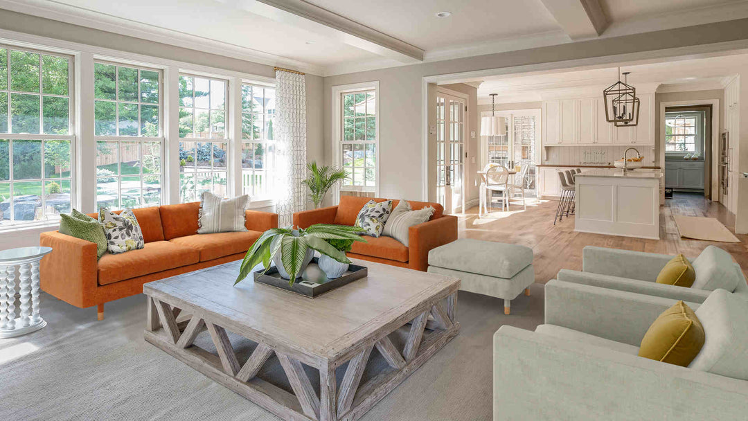 Rustic living room with IKEA Landskrona sofa in Comfort Chenille Burnt Orange and Performance Weave Stone slipcover