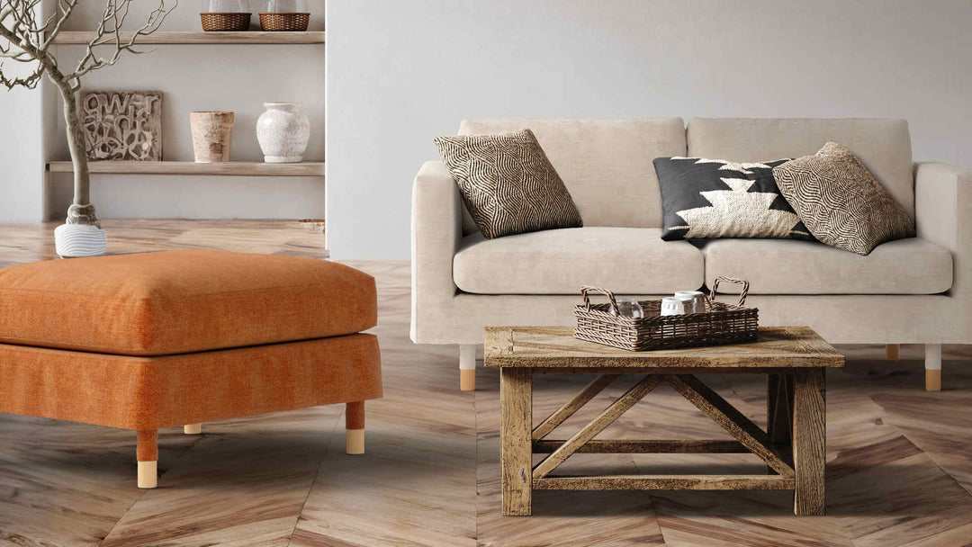Rustic living room with IKEA Landskrona sofa in Performance Weave Cream and Comfort Chenille Burnt Orange slipcover