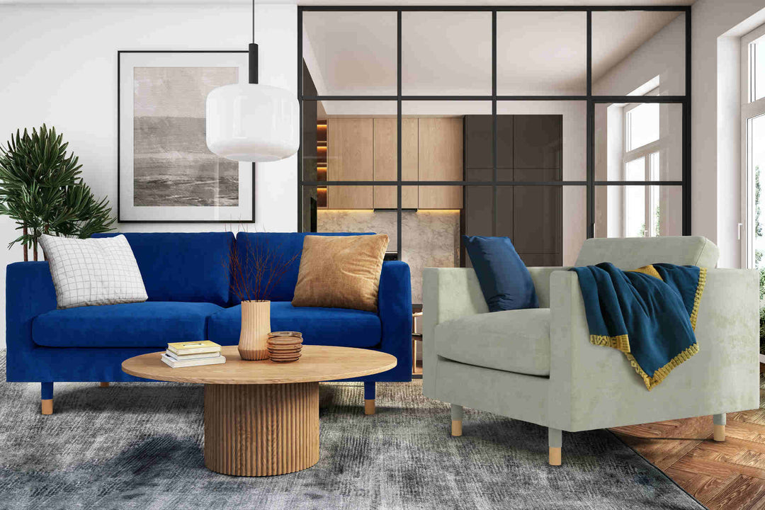 Modern living room with IKEA Landskrona sofa in Classic Velvet Cobalt and Performance Weave Stone slipcover