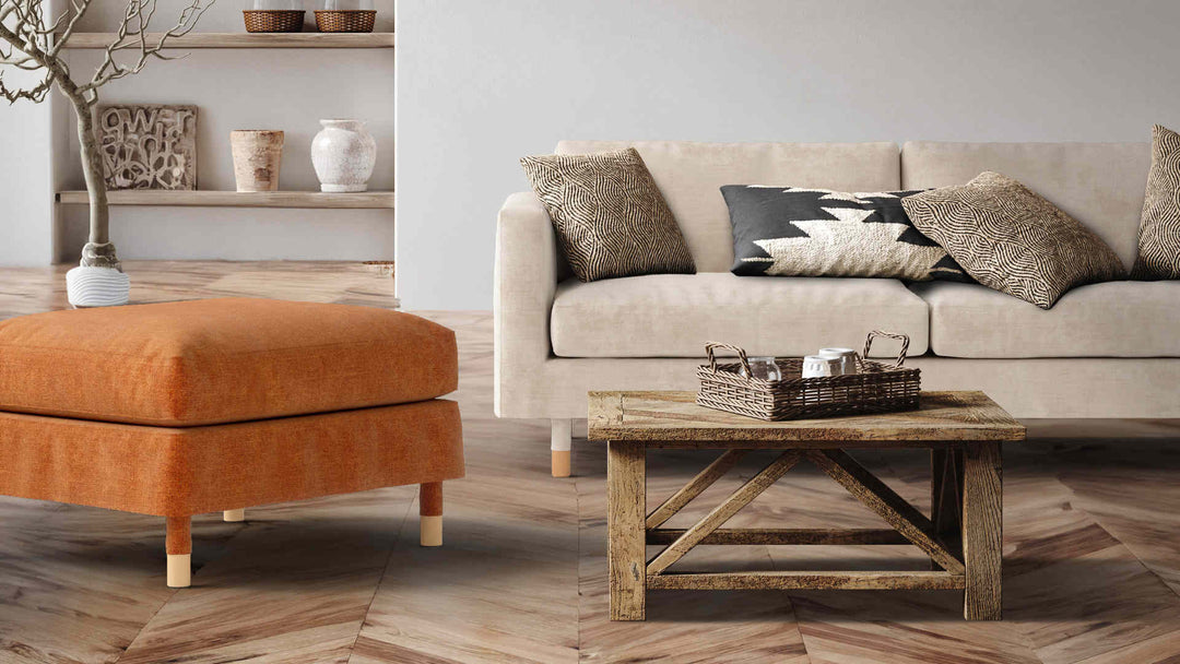 Rustic living room with IKEA Landskrona sofa in Performance Weave Cream and Comfort Chenille Burnt Orange slipcover