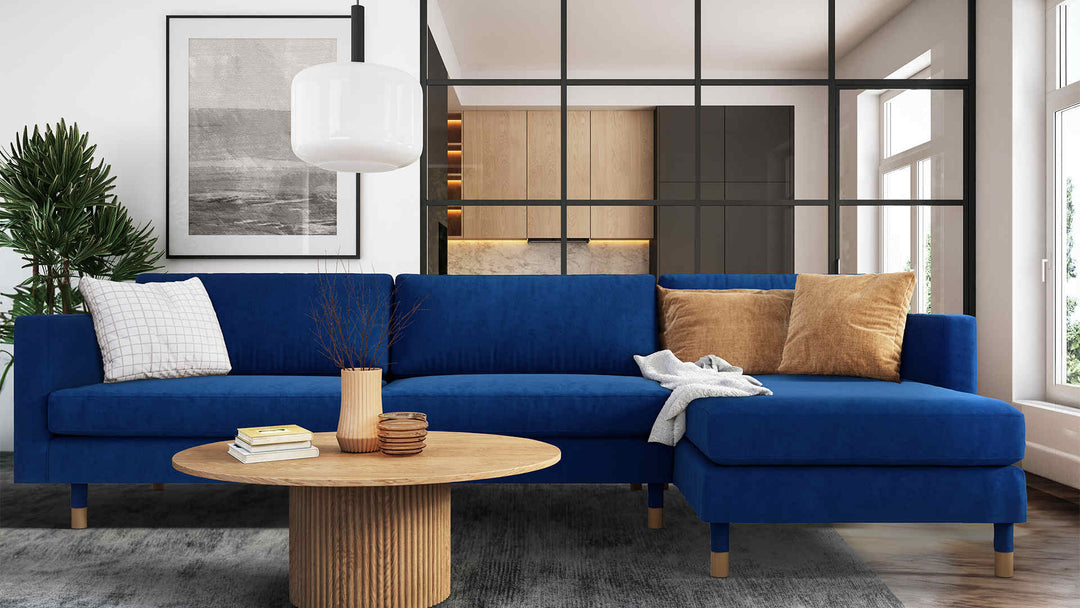 Modern living room with IKEA Landskrona sofa in Classic Velvet Cobalt slipcover