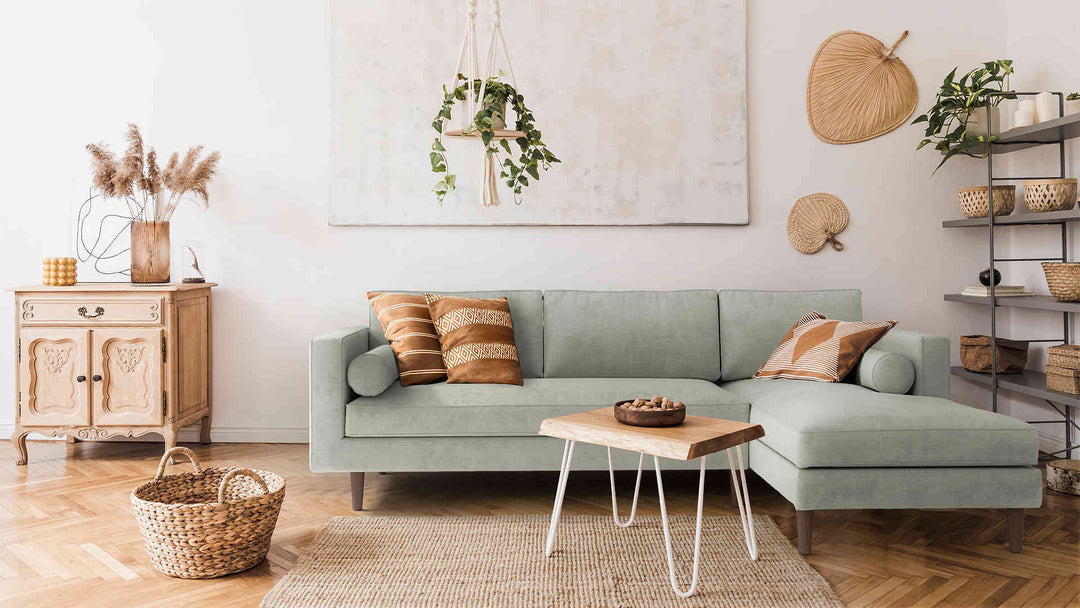 Scandinavian living room with Article Sven sofa in Performance Weave Stone slipcover