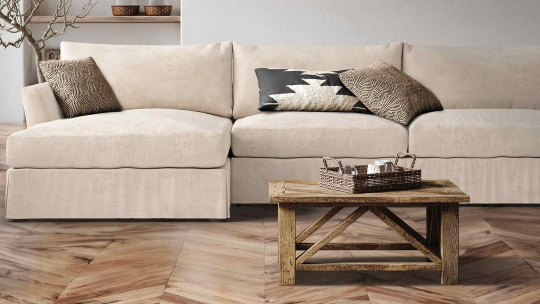 Rustic living room with Arhaus Emory sofa in Performance Weave Cream slipcover