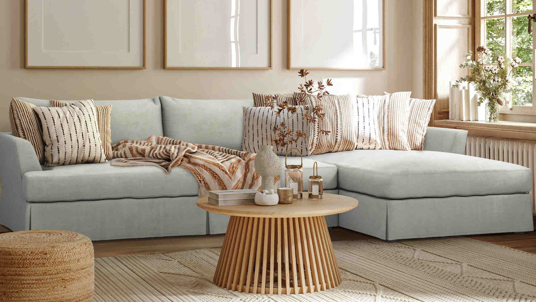 Nordic Minimalist living room with Arhaus Emory sofa in Performance Weave Stone slipcover