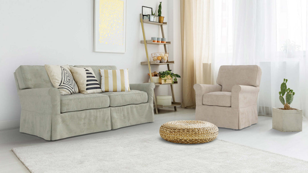 Bohemian living room with Crate and Barrel Bayside sofa in Performance Weave Stone and Performance Weave Cream slipcover