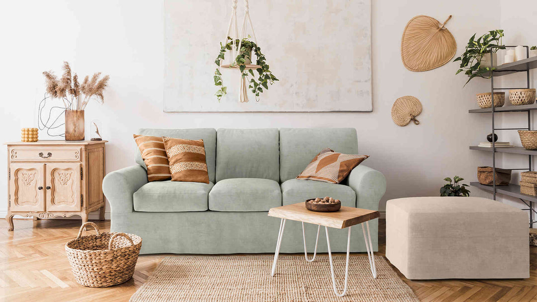 Scandinavian living room with Pottery Barn PB Basic sofa in Performance Weave Stone and Performance Weave Cream slipcover