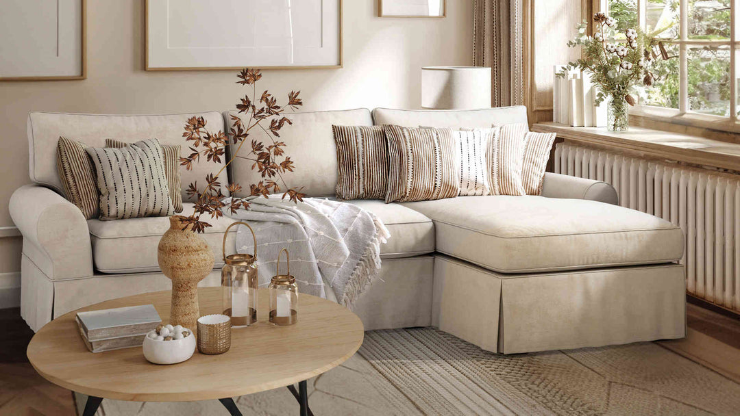 Nordic Minimalist living room with Pottery Barn PB Basic sofa in Performance Weave Cream fabric slipcover