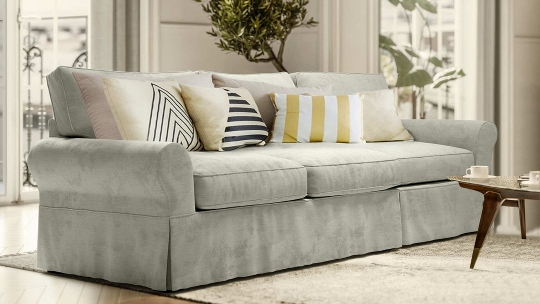 Scandinavian living room with Pottery Barn PB Basic sofa in Performance Weave Stone slipcover