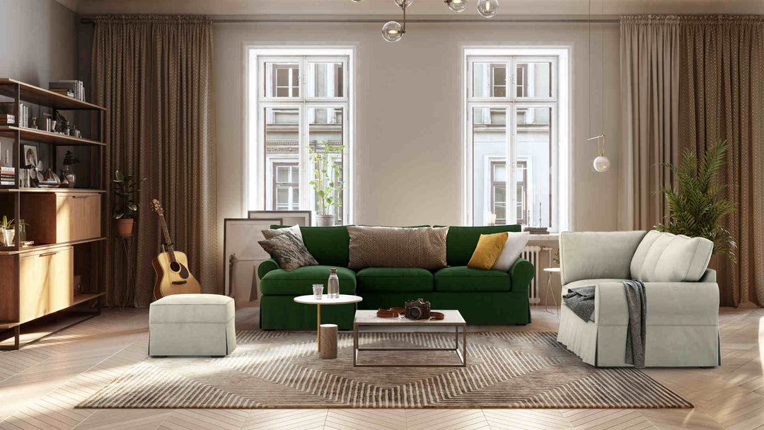 Scandinavian living room with Pottery Barn PB Basic sofa in Classic Velvet Forest Green and Performance Weave Stone slipcover