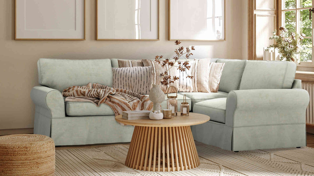 Nordic Minimalist living room with Pottery Barn PB Basic sofa in Performance Weave Stone slipcover