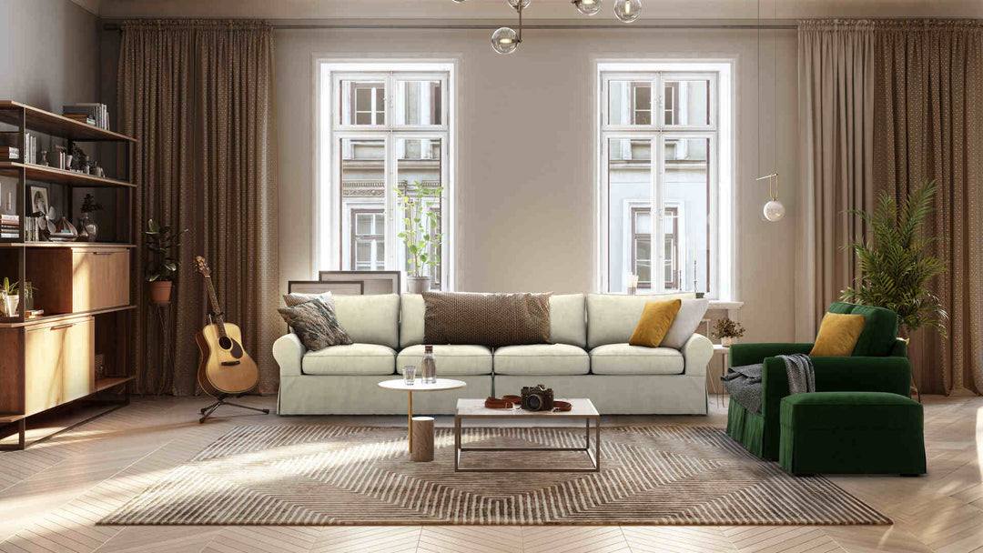 Scandinavian living room with Pottery Barn PB Basic sofa in Classic Velvet Forest Green and Performance Weave Stone slipcover