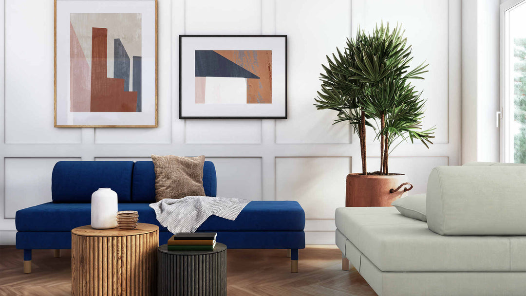 Modern Victorian living room with IKEA Flottebo sofa in Classic Velvet Cobalt and Performance Weave Stone slipcover