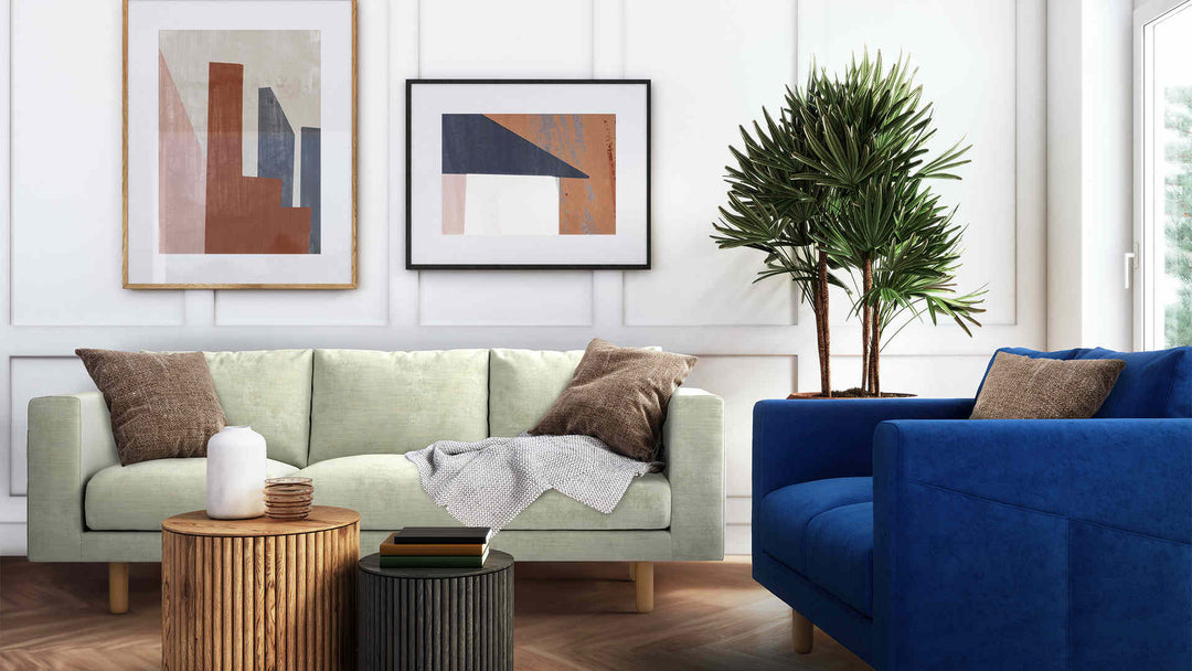 Modern Victorian living room with IKEA Norsborg sofa in Classic Velvet Cobalt and Performance Weave Stone slipcover