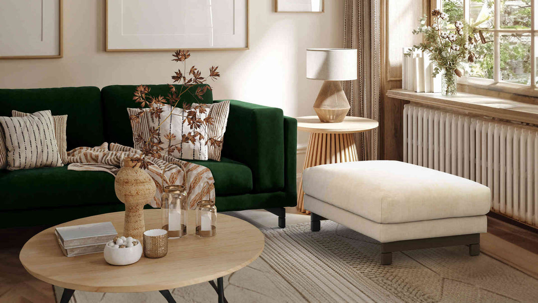 Nordic Minimalist living room with IKEA Nockeby sofa in Classic Velvet Forest Green and Performance Weave Cream slipcover