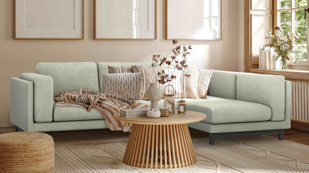 Nordic Minimalist living room with IKEA Nockeby sofa in Performance Weave Stone slipcover