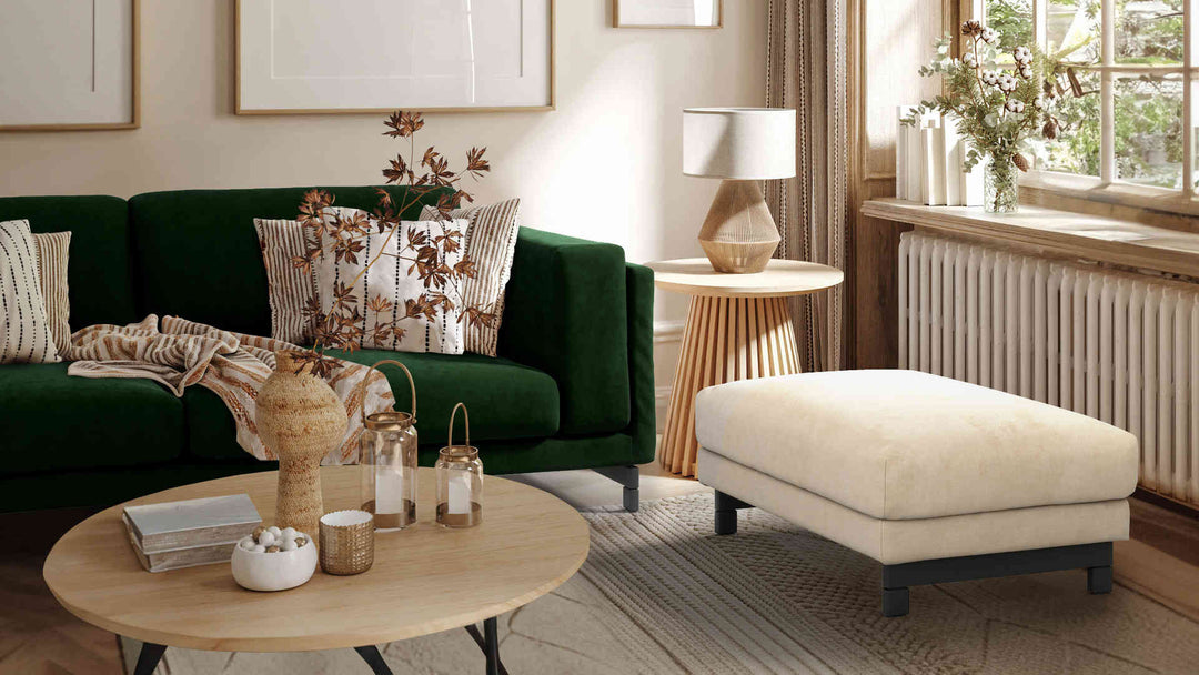 Nordic Minimalist living room with IKEA Nockeby sofa in Classic Velvet Forest Green and Performance Weave Cream slipcover
