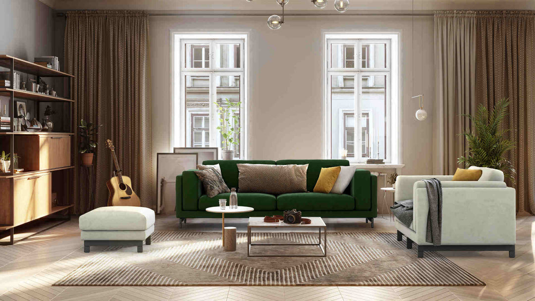 Scandinavian living room with IKEA Nockeby sofa in Classic Velvet Forest Green and Performance Weave Stone slipcover