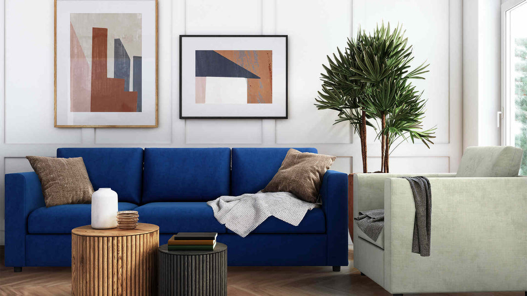 Modern Victorian living room with IKEA Finnala sofa in Classic Velvet Cobalt and Performance Weave Stone slipcover