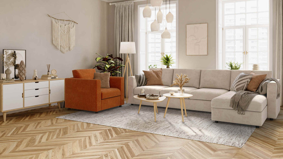 Scandinavian living room with IKEA Finnala sofa in Performance Weave Cream and Comfort Chenille Burnt Orange slipcover