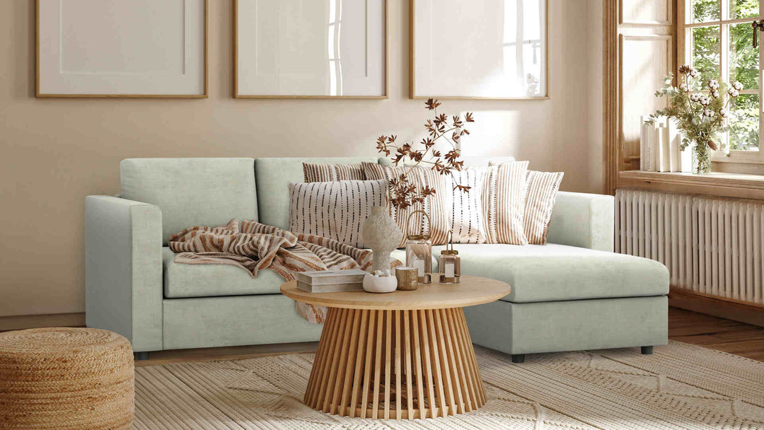 Nordic Minimalist living room with IKEA Finnala sofa in Performance Weave Stone slipcover