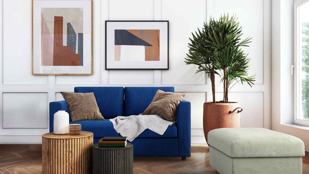 Modern Victorian living room with IKEA Finnala sofa in Classic Velvet Cobalt and Performance Weave Stone slipcover