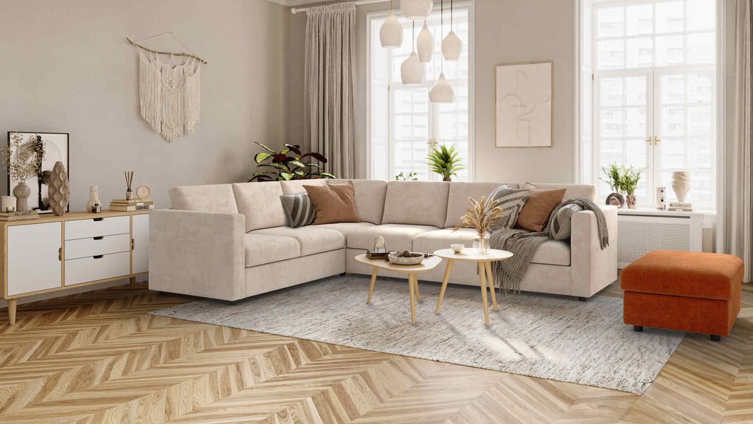 Scandinavian living room with IKEA Finnala sofa in Performance Weave Cream and Comfort Chenille Burnt Orange slipcover