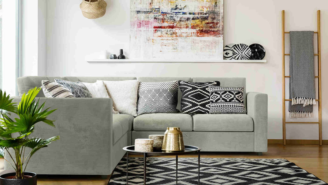 Scandinavian living room with IKEA Finnala sofa in Performance Weave Stone slipcover