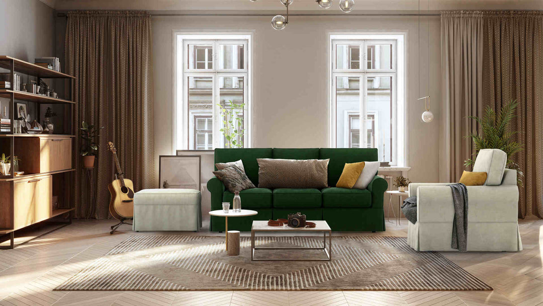 Scandinavian living room with Rowe Nantucket sofa in Classic Velvet Forest Green and Performance Weave Stone slipcover