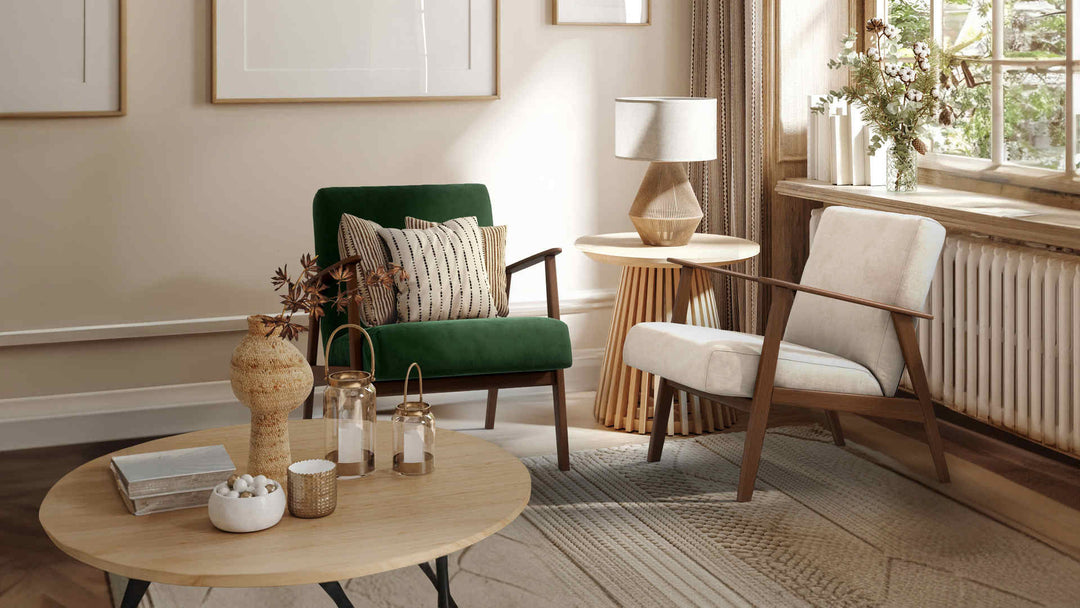 Nordic Minimalist living room with IKEA Ekenaset sofa in Classic Velvet Forest Green and Performance Weave Cream slipcover