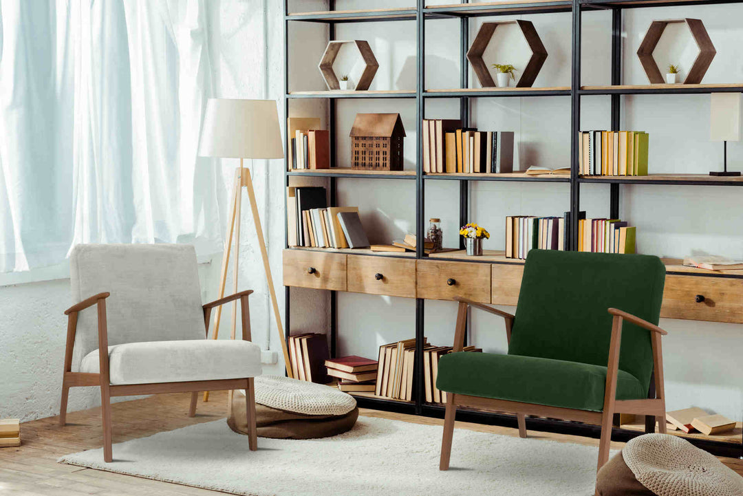 Study room with IKEA Ekenaset sofa in Classic Velvet Forest Green and Performance Weave Stone slipcover