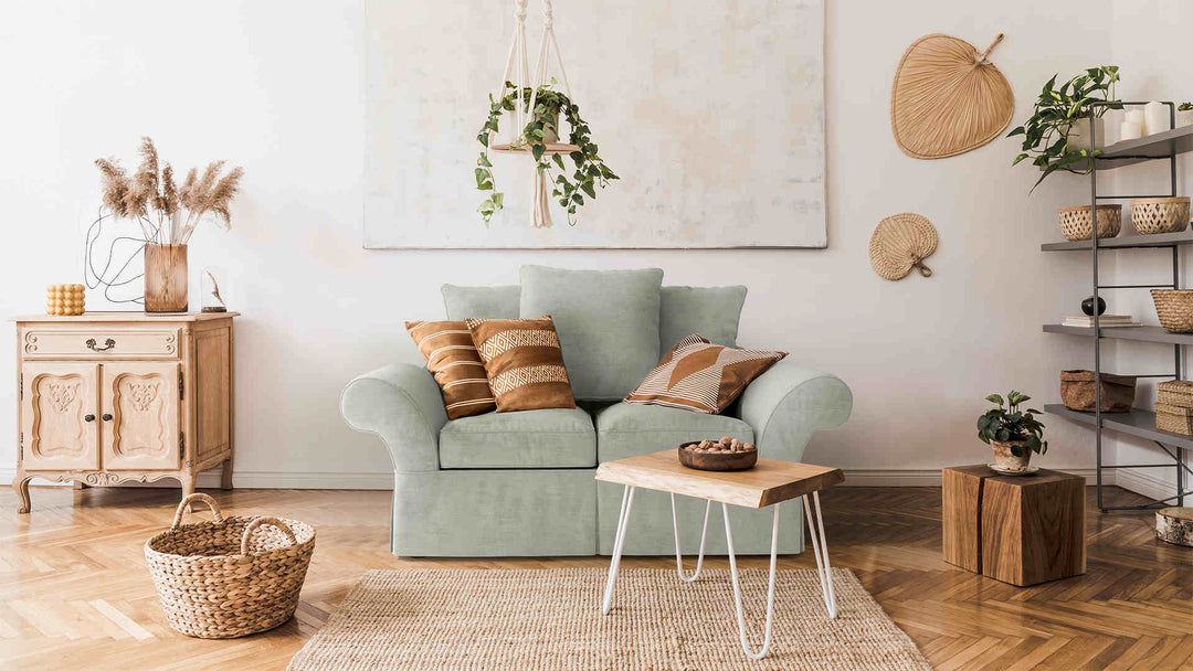 Scandinavian living room with Pottery Barn Buchanan Roll Arm sofa in Performance Weave Stone slipcover