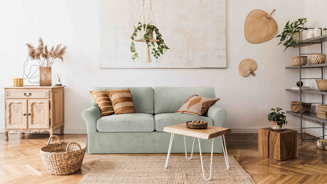 Scandinavian living room with Crate and Barrel Potomac sofa in Performance Weave Stone slipcover