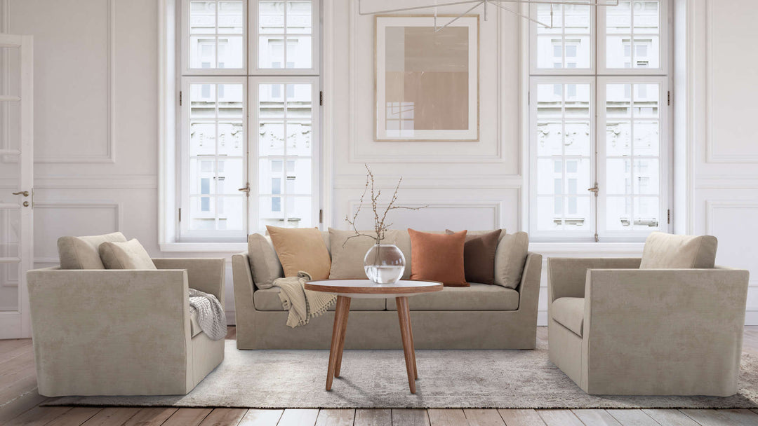 Modern Victorian living room with IKEA Stockholm sofa in Performance Weave Cream slipcover