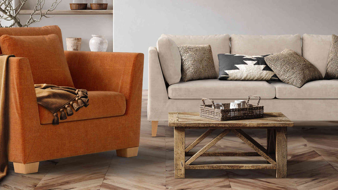 Rustic living room with IKEA Stockholm sofa in Performance Weave Cream and Comfort Chenille Burnt Orange slipcover