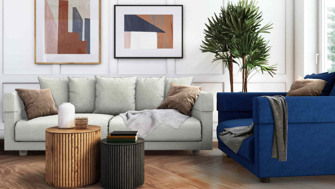 Modern Victorian living room with IKEA Stockholm sofa in Classic Velvet Cobalt and Performance Weave Stone slipcover